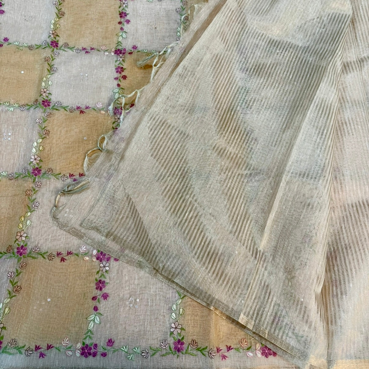 Pastel Orange Floral Embroidery Tissue Linen Saree
