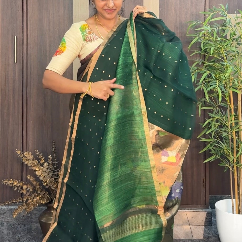 Dark Green Pure Muslin Sequin Paithani Pallu Saree