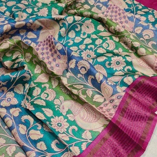 Magenta Peacock Pure Tussar Silk Saree