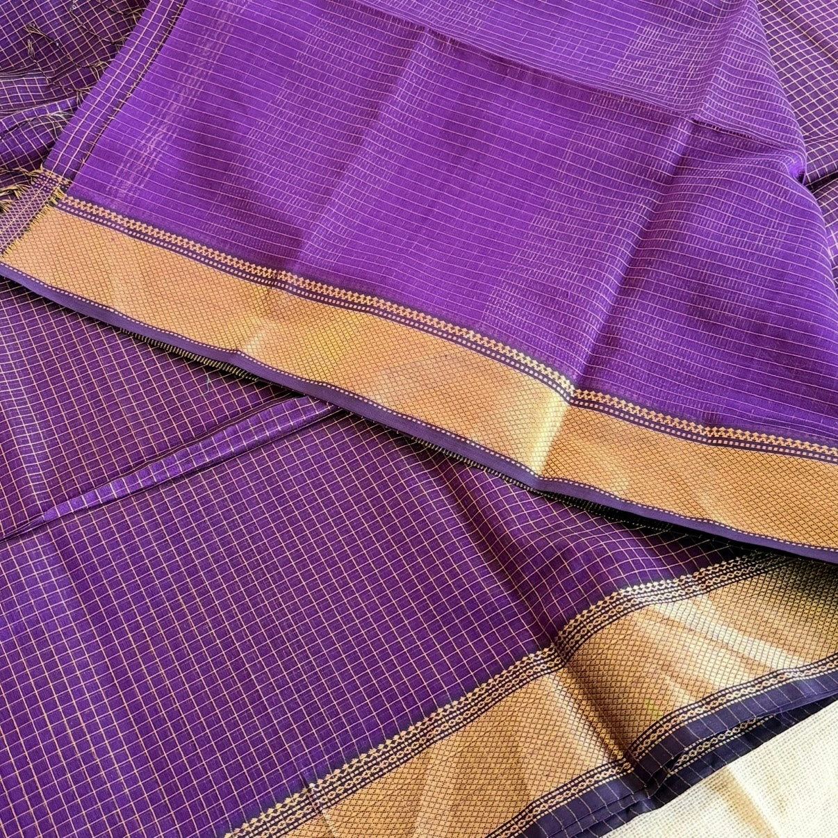 Purple Maheshwari pure silk cotton saree Zari check
