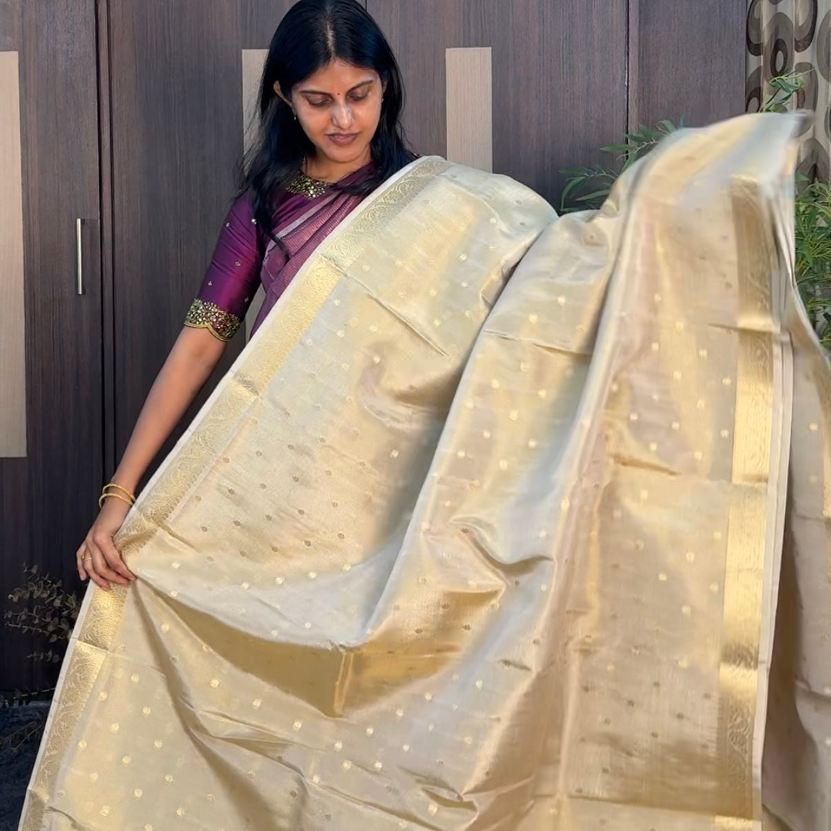 Metallic Ivory Tissue Silk Saree