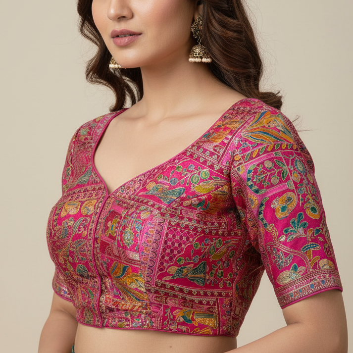 Pink Designer Embroidery Crepe Blouse Fabric