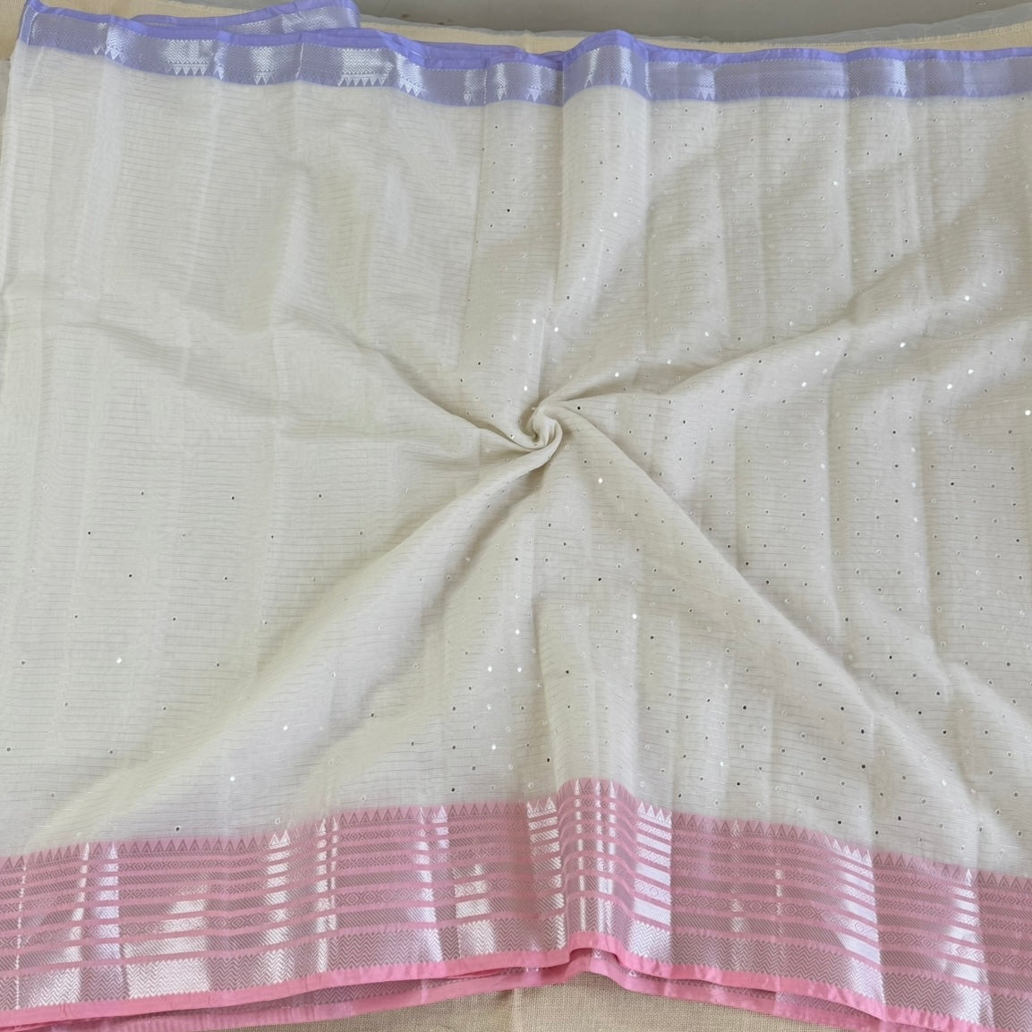 ith Pink Silver Zari Mirror work Linen Silk Saree