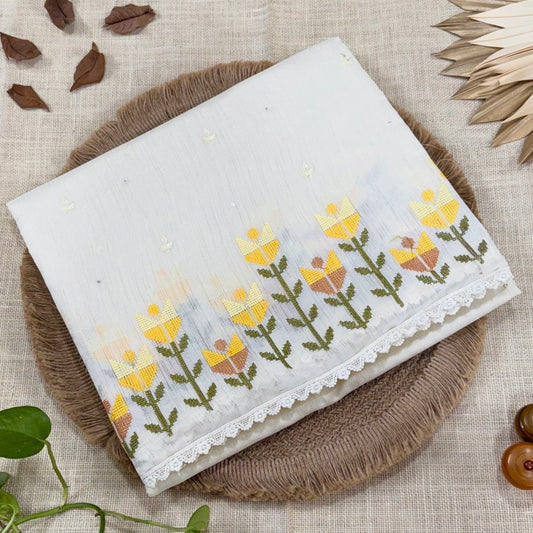White n Yellow Floral Cross Stitch Embroidery Linen Saree