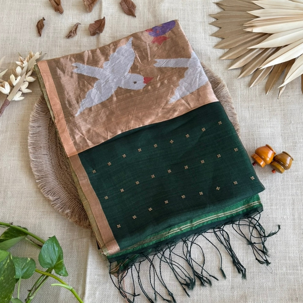 Dark Green Pure Muslin Sequin Paithani Pallu Saree