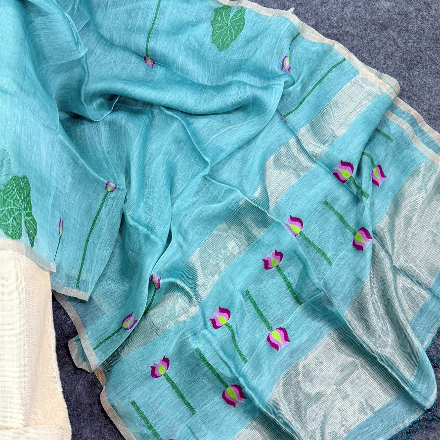 Sea Green Tussar Linen Lotus Jamdhani Silk Saree