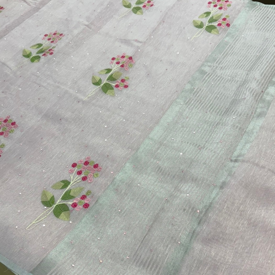Pastel Pink Floral Embroidery Tissue Linen Saree