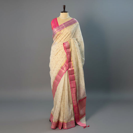 Beige Pink Lilac Floral Embroidery Linen Saree