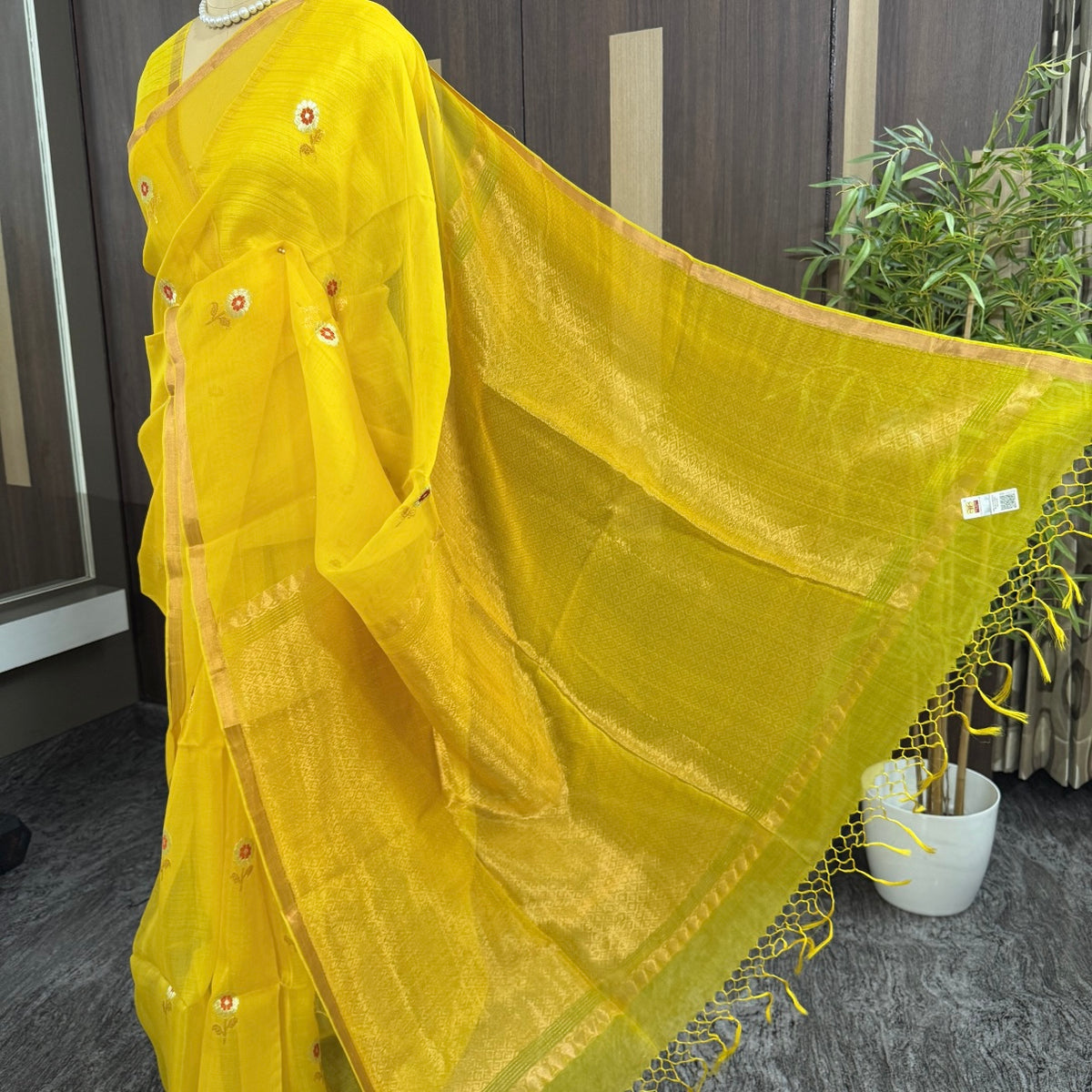 Yellow Kora muslin Banarasi saree drape for temple weddings