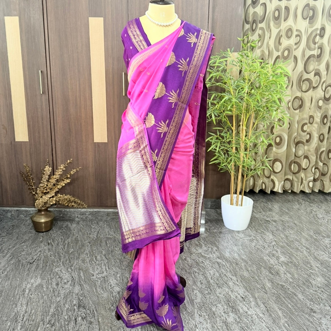 Pink with Purple Pure Crepe Silk Saree