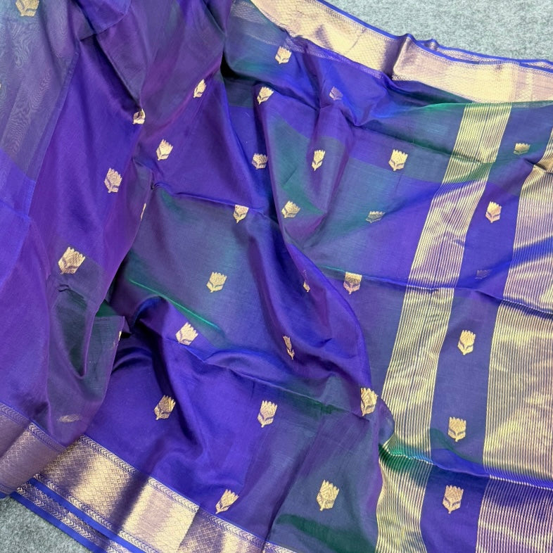 Purple Peacock Blue Dual Shade Lotus Butta Maheshwari Silk Cotton Saree