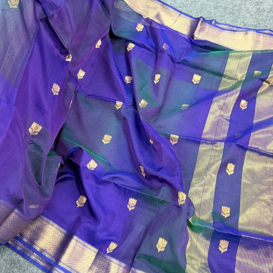 Purple Peacock Blue Dual Shade Lotus Butta Maheshwari Silk Cotton Saree