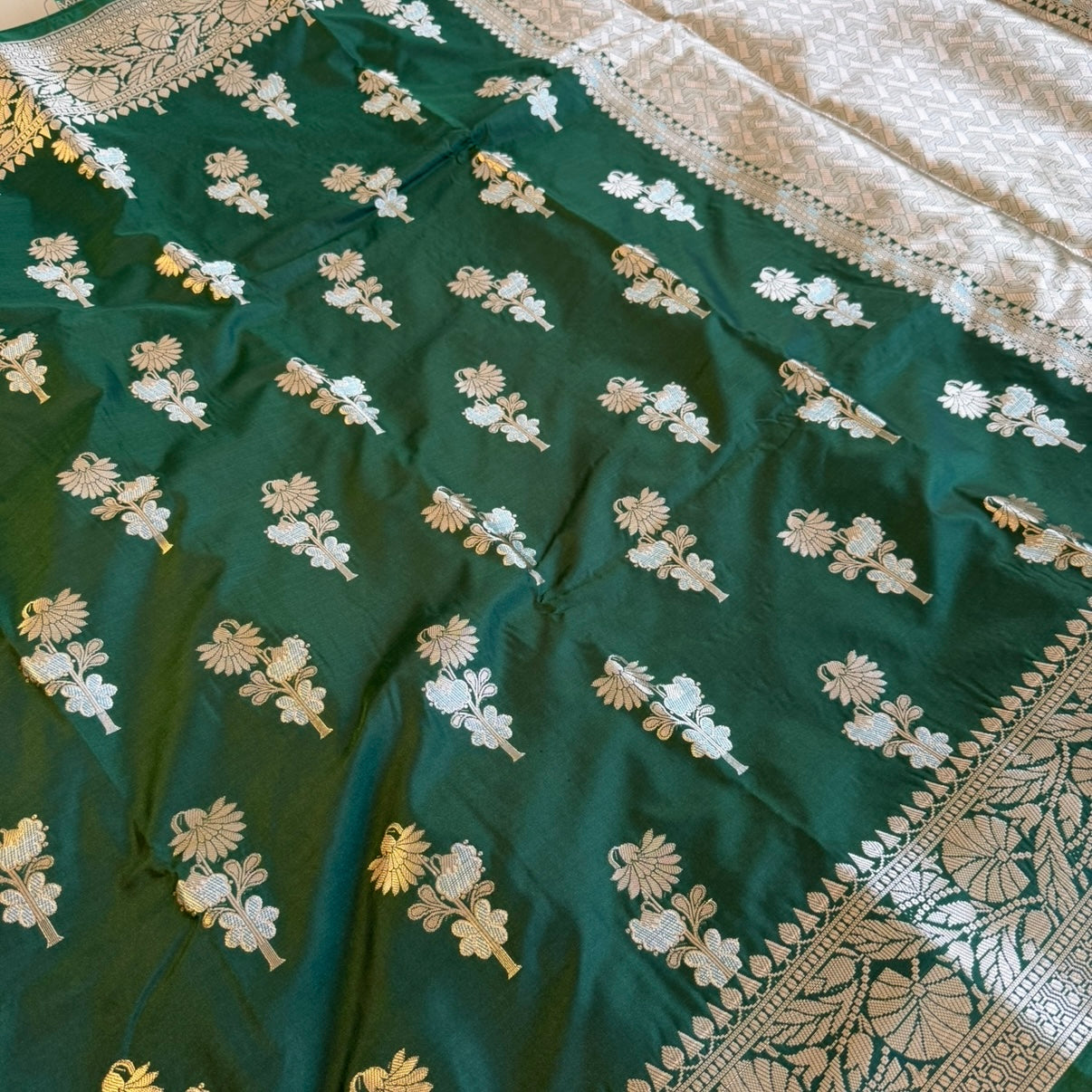 Dark Green Banarasi Russian Silk Saree