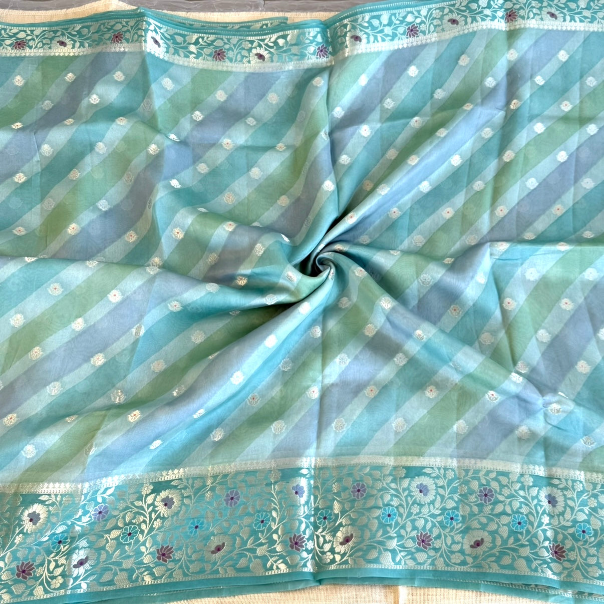 Soft pastel Aqua Floral Kora Silk Saree