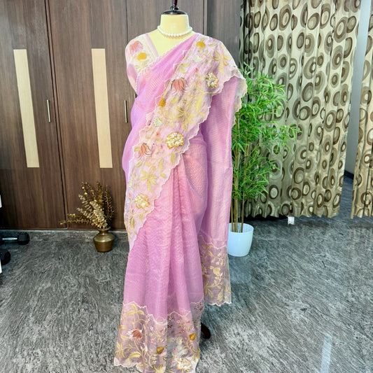 Dreamy Lilac Pure Tissue Embroidery Silk Saree