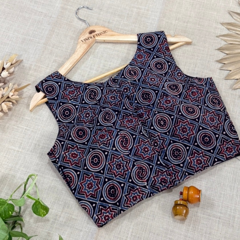 Black with Rust Red Ajrakh Printed Cotton Blouse