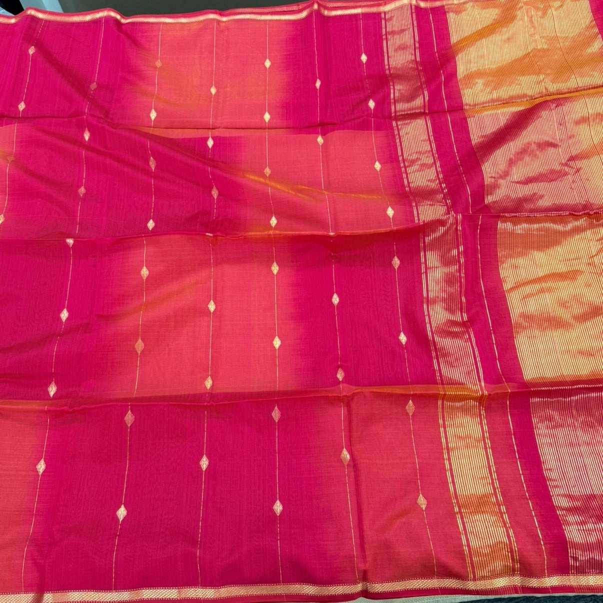 Red with Yellow Dual Shade Maheshwari Silk Cotton Saree 