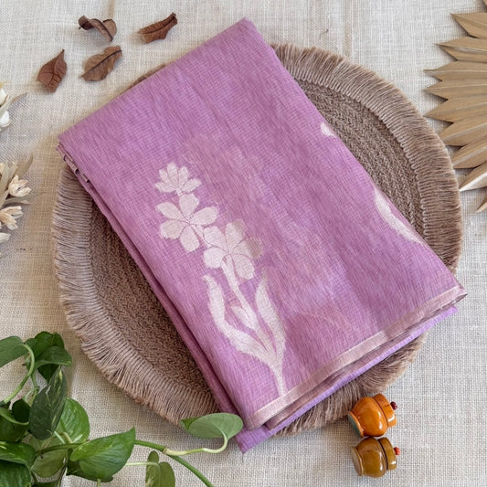 Onion pink paper silk saree with fine zari lines and floral zari weaving