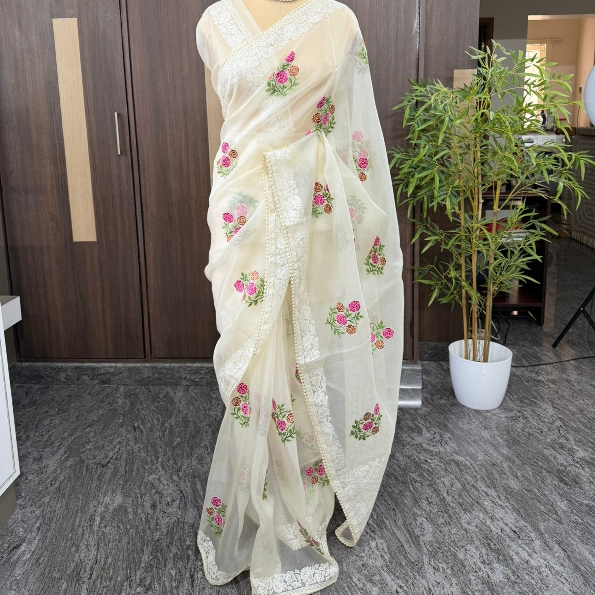 Off White Intricate Floral Embroidery Kora Saree