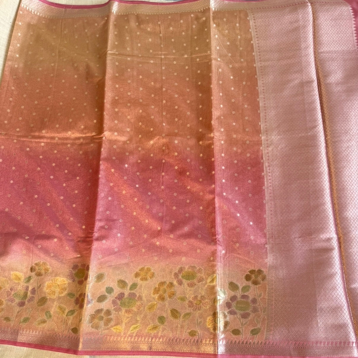 Pink Gradient Floral Soft Tissue Silk Saree