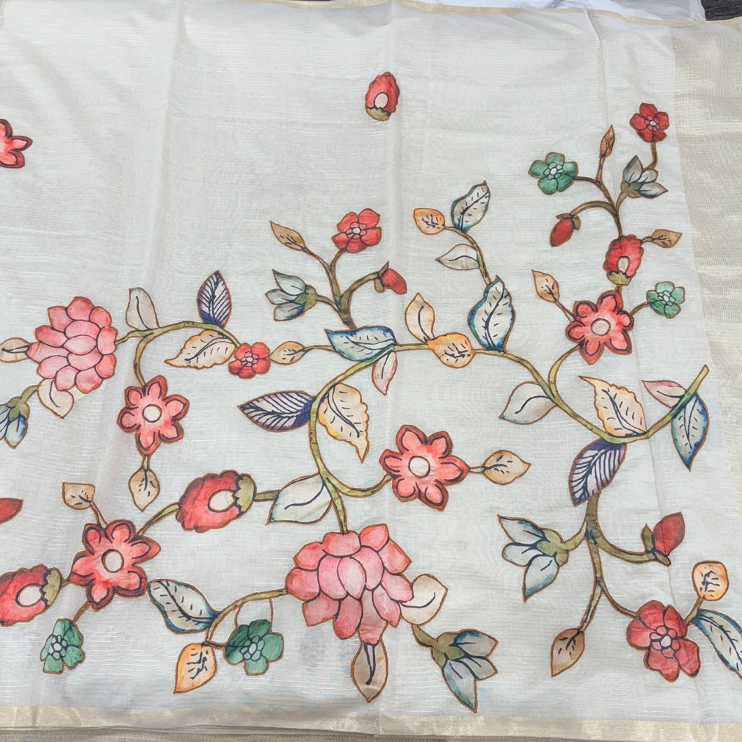 Off White Floral Appliqué Chanderi Silk Saree