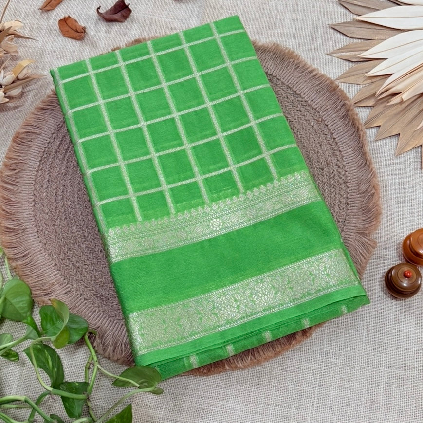Green Checked Raw Silk Saree