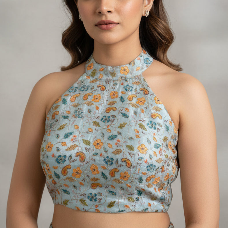 Sky Blue Designer Floral Embroidery Chinnon Blouse Fabric