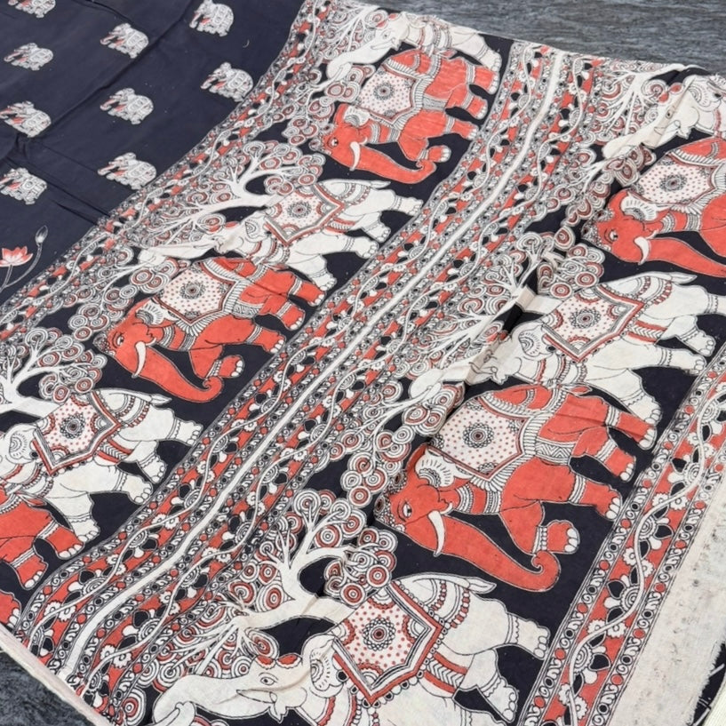 Black Pichwai Kalamkari Cotton Saree