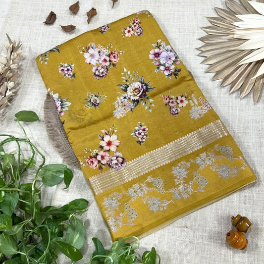 Mustard Floral Digital Raw Mango Silk Saree