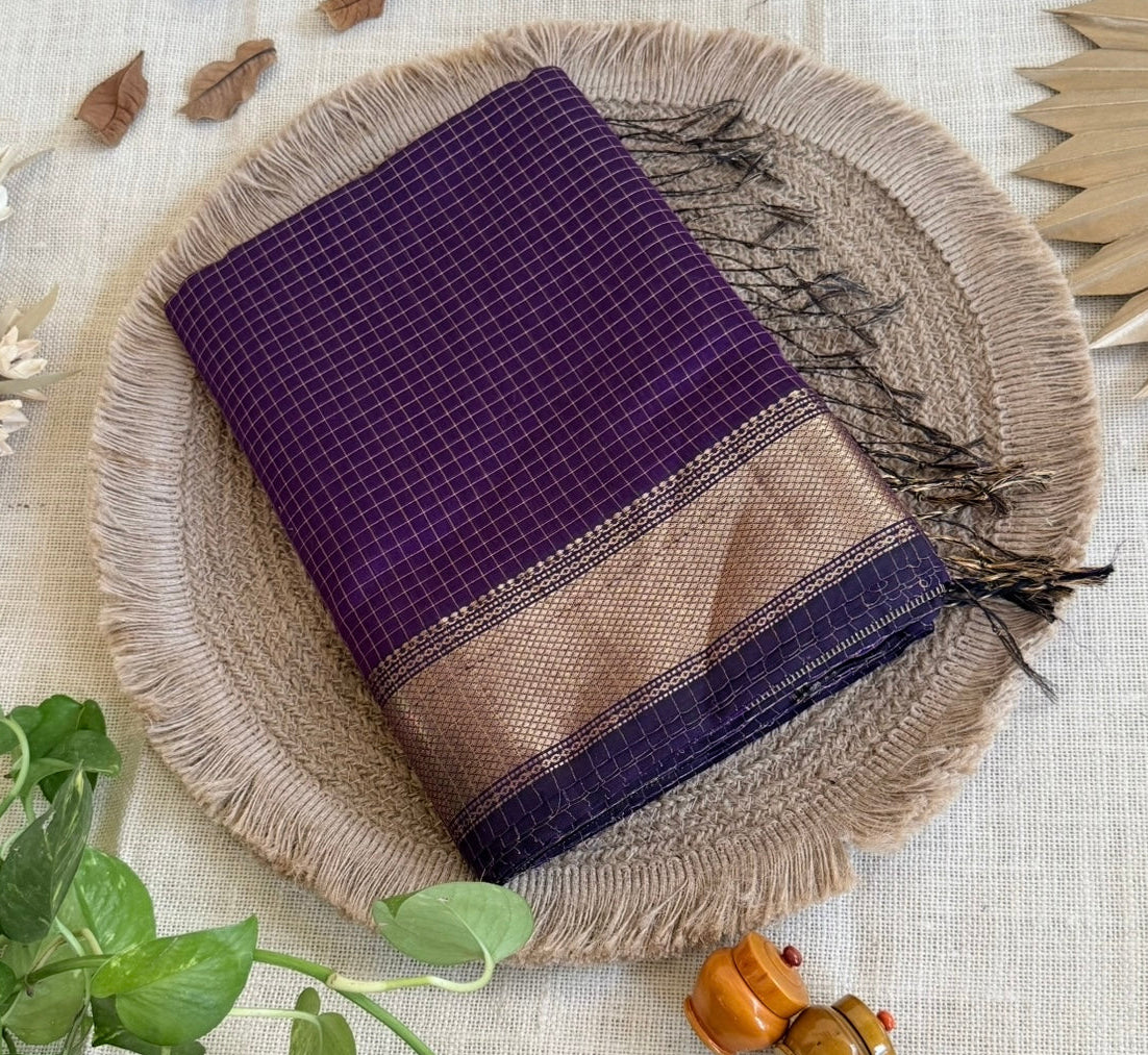 Purple Maheshwari silk cotton saree checked 