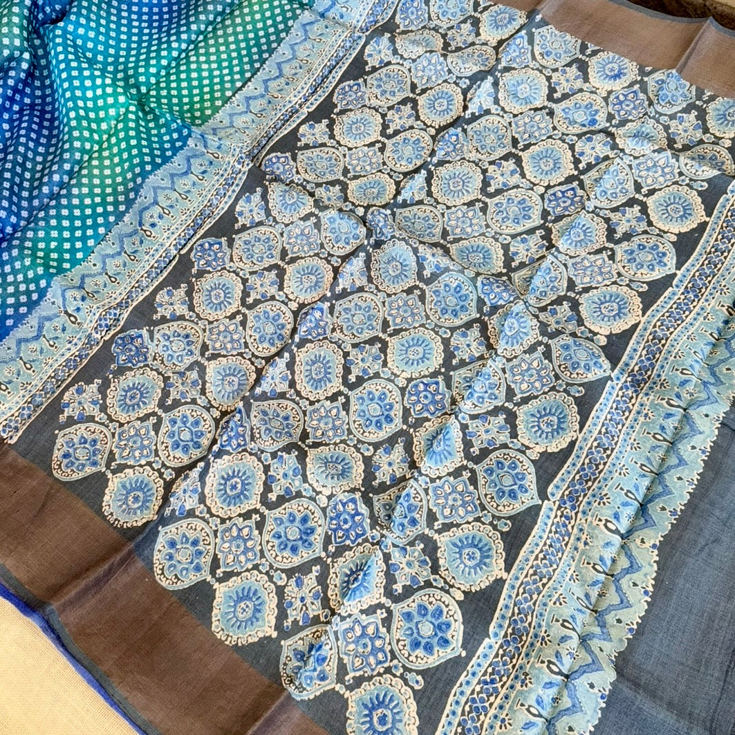 Peacock Blue Green Ajrakh Pallu Pure Tussar Silk Saree