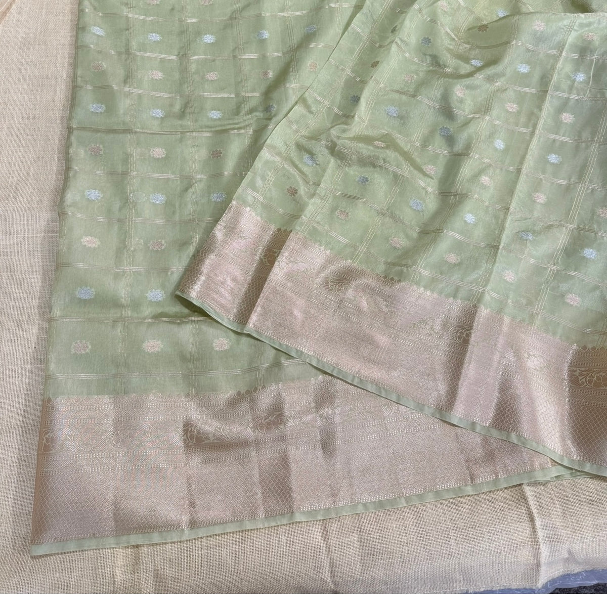 Pastel Green Checked Kora Silk Saree