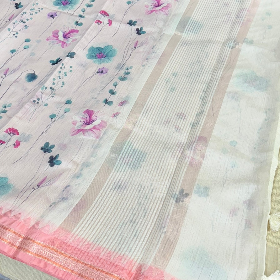 Ivory and peach-pink floral tissue linen saree with matching ivory blouse piece