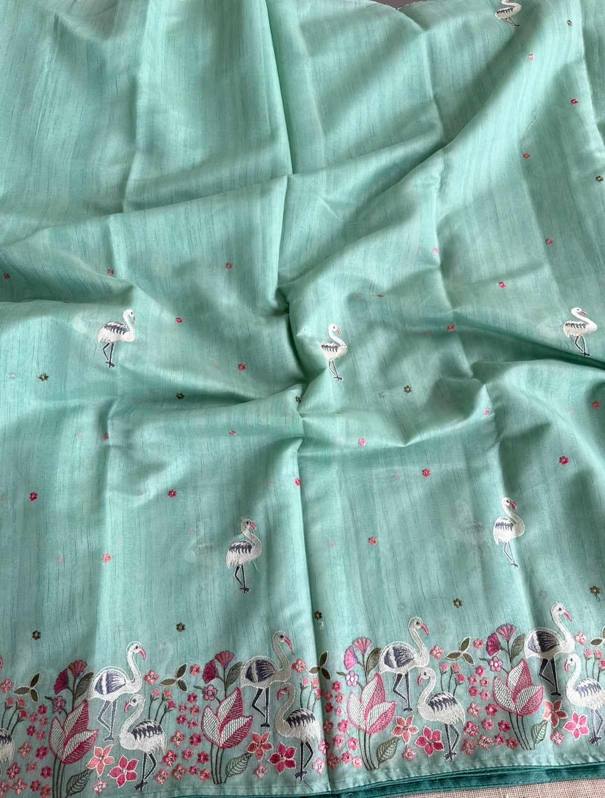 Crane Embroidery Semi Tussar Saree