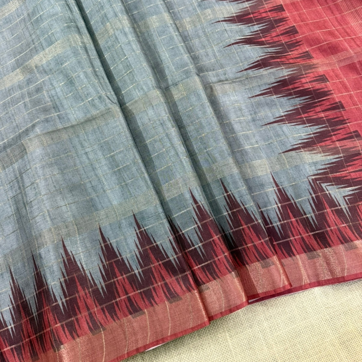 Silver Grey with Deep Maroon Semi Tussar Saree