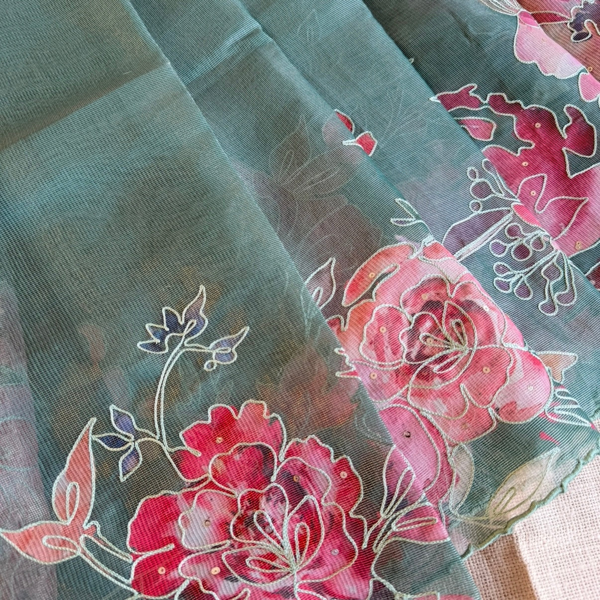 Forest Green Floral Tissue Embroidery Fancy Tussar Saree