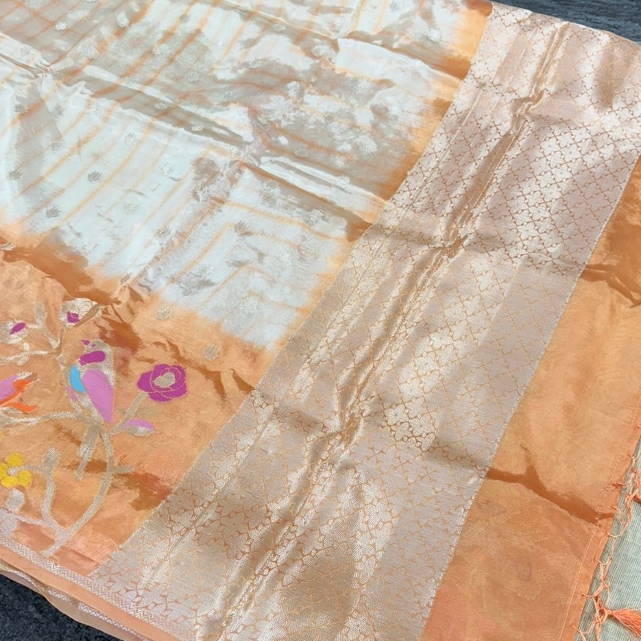 Orange Off White Floral Paper Silk Saree