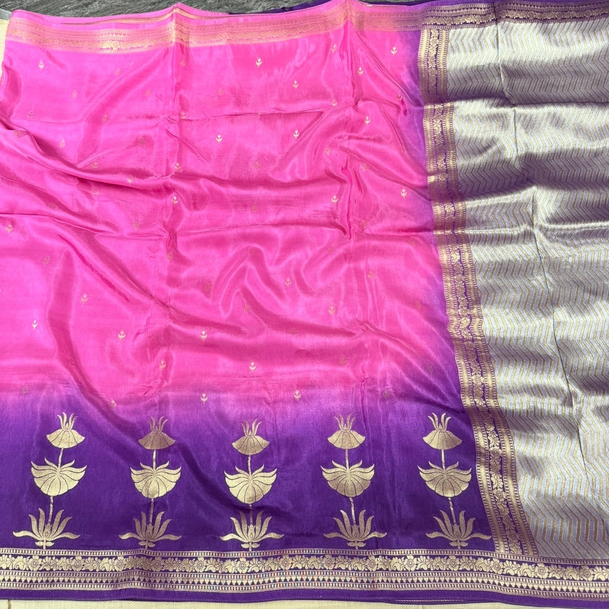 Pink with Purple Pure Crepe Silk Saree