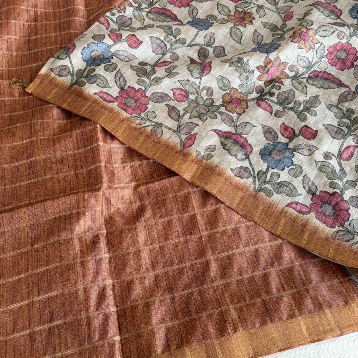 Rust Brown Checks Kalamkari Semi Tussar Saree