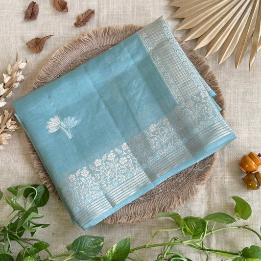 Pastel blue Kora silk saree silver Zari and gold zari