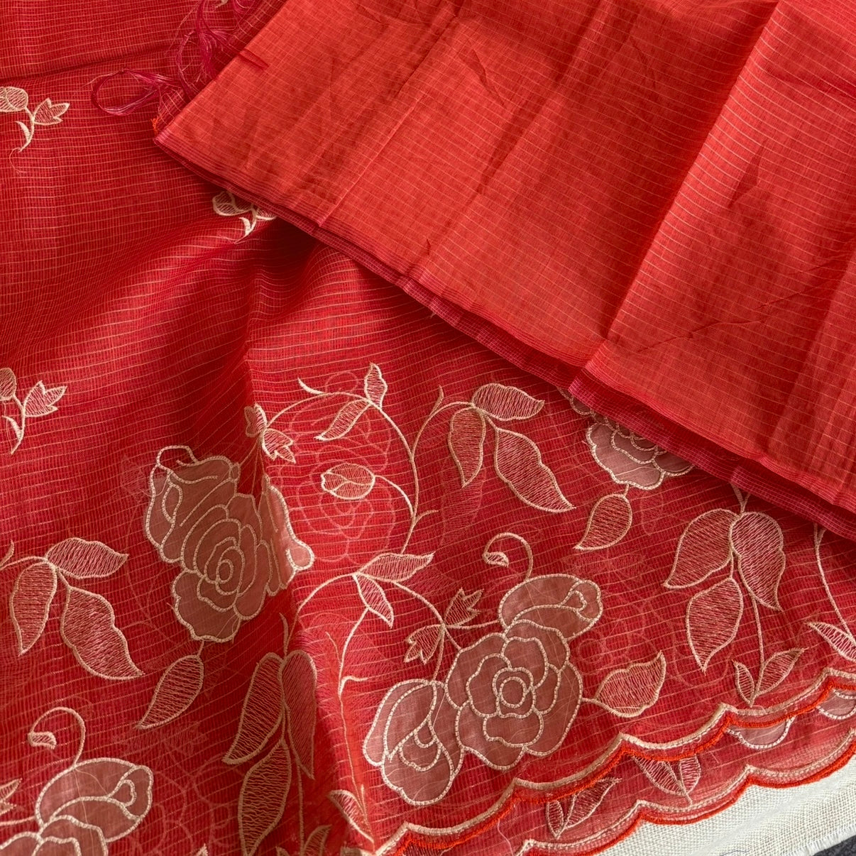 Vibrant Orange Kota Tissue floral Embroidery Saree