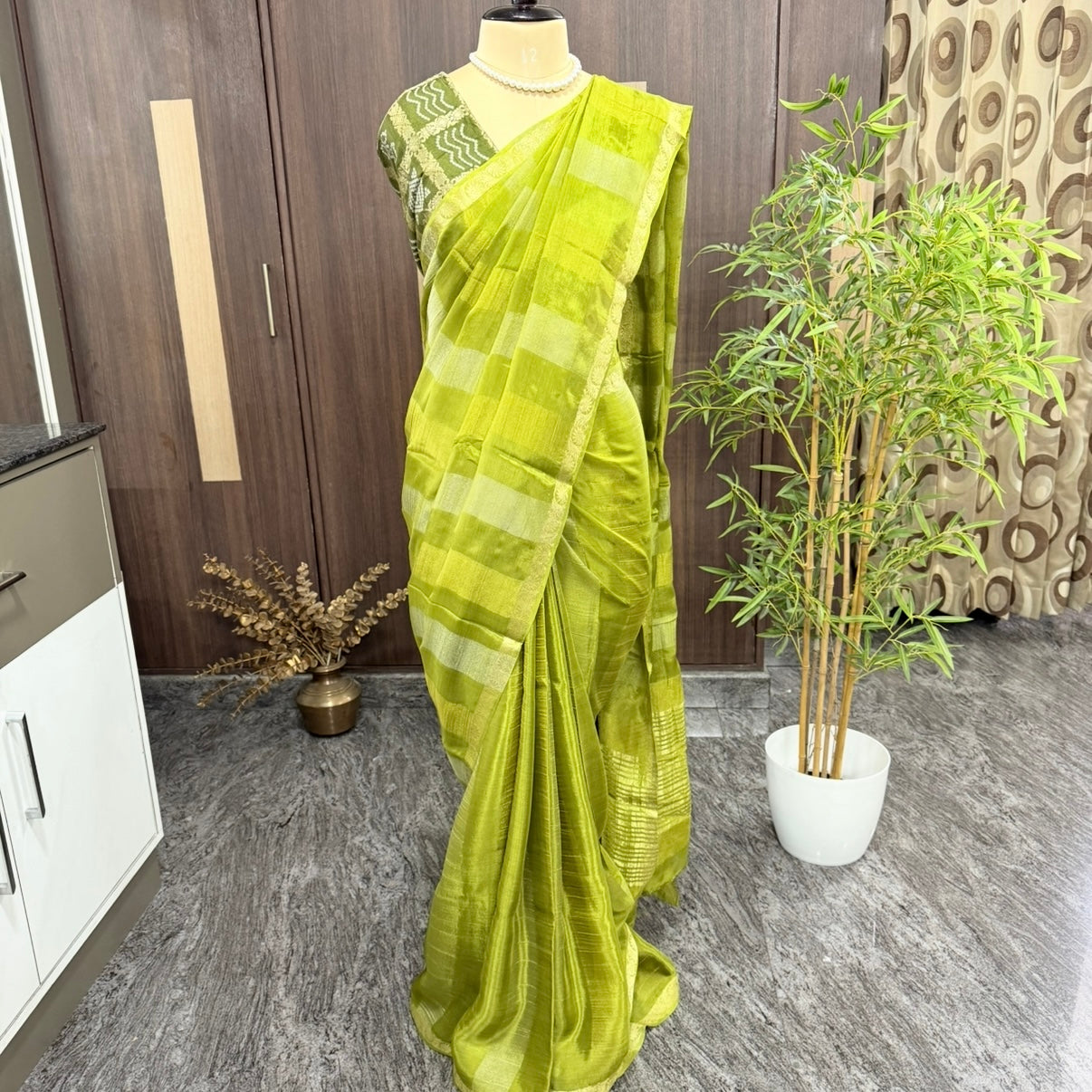 Mehendi Green Zari Stripes Chinnon Silk Saree