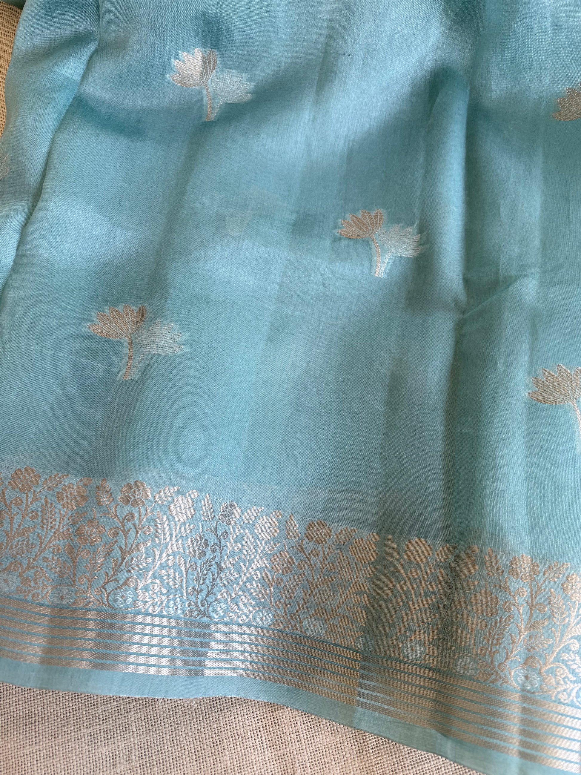 Pastel blue Kora silk saree
