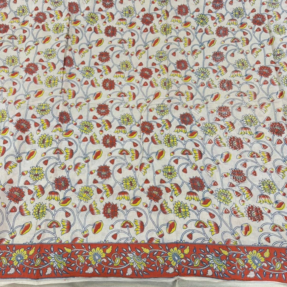 Beige Orange Floral Kalamkari Cotton Saree
