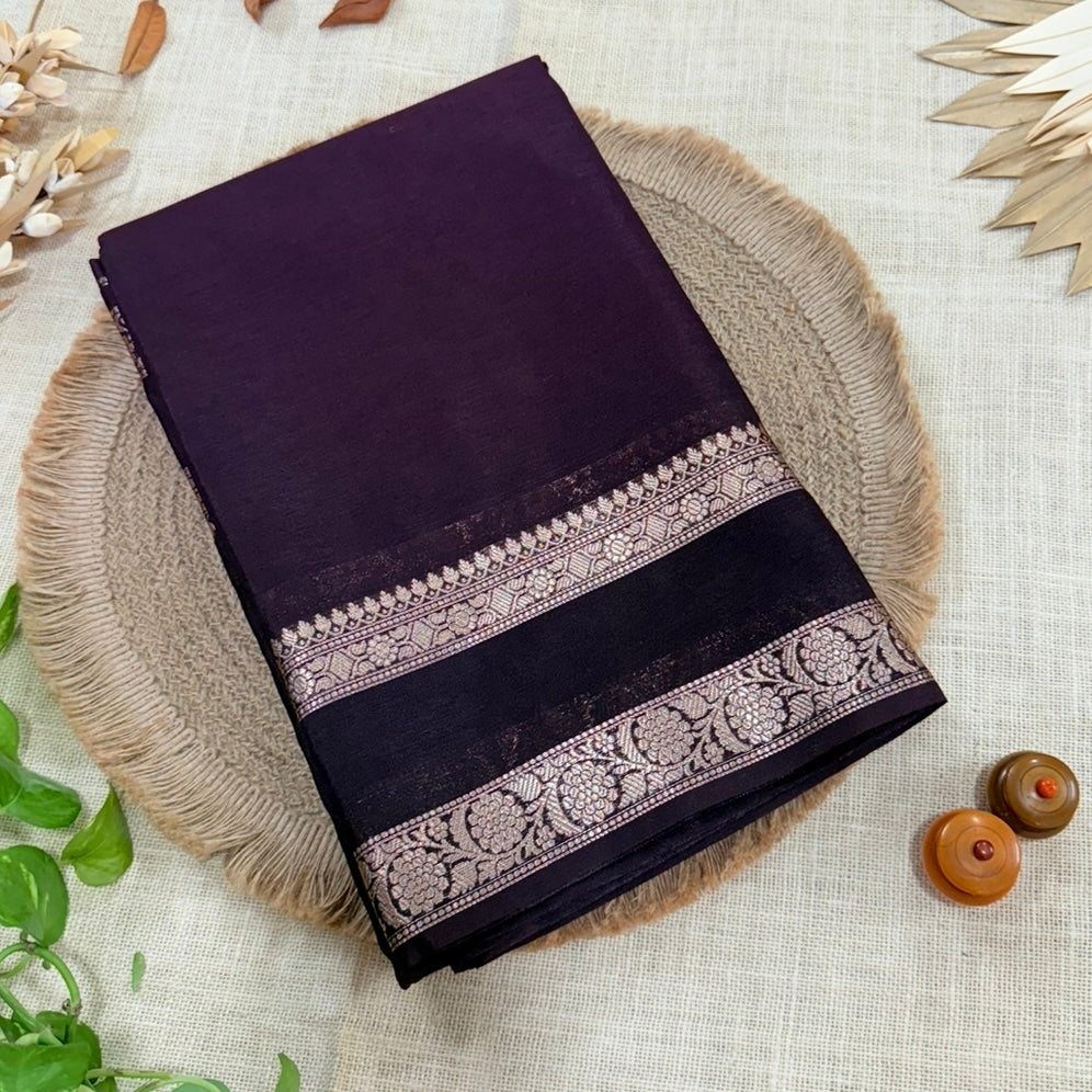 Coffee Brown Plain Raw Silk Saree Checked Blouse