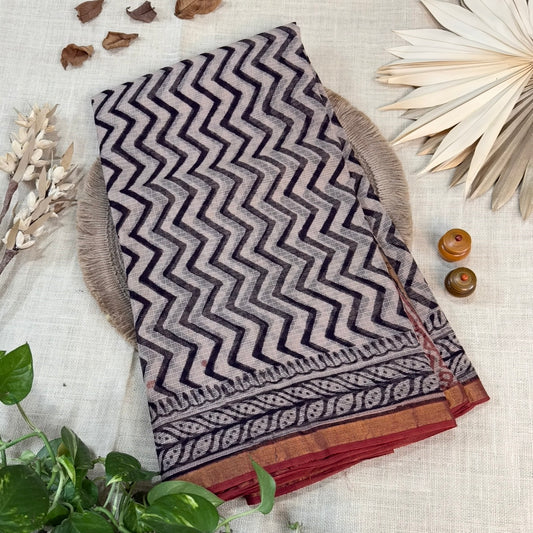 Beige Maroon Zigzag Pure Kota Doriya Saree
