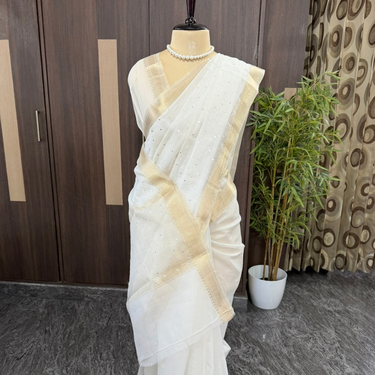 Off White Gold Silver Zari Mirror work Linen Silk Saree