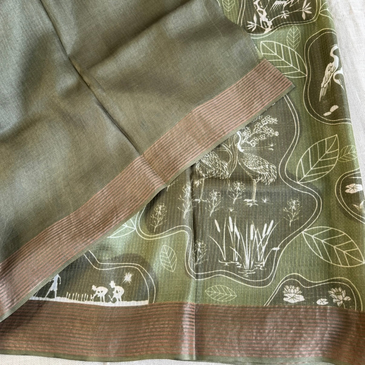 Olive Green Printed Pure Tussar Silk