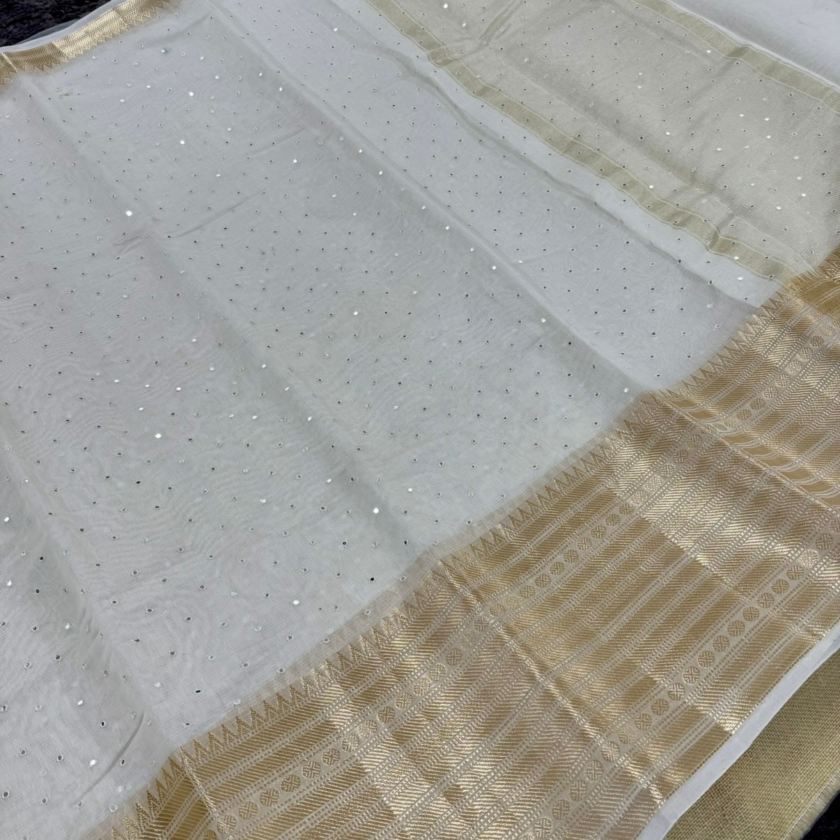 Off White Gold Silver Zari Border Mirror work Linen Silk Saree