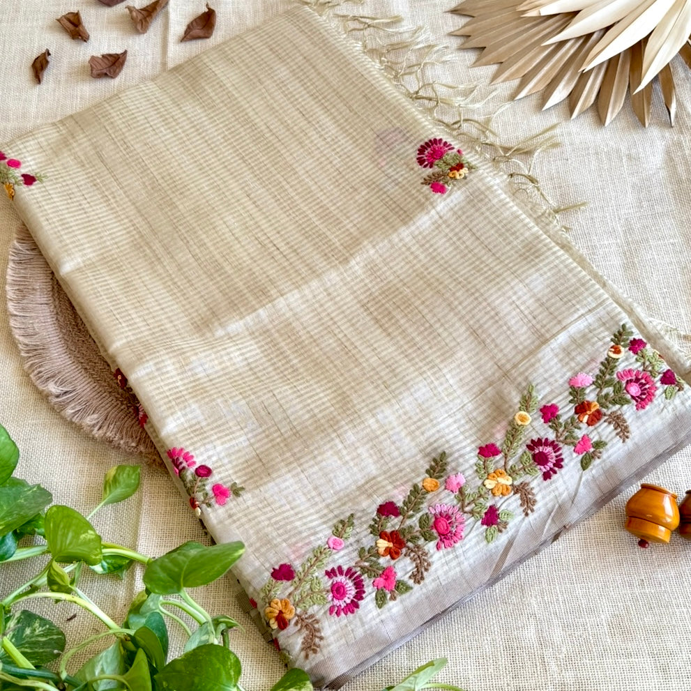 Beige Tissue Floral Embroidery Chapa Tussar Saree